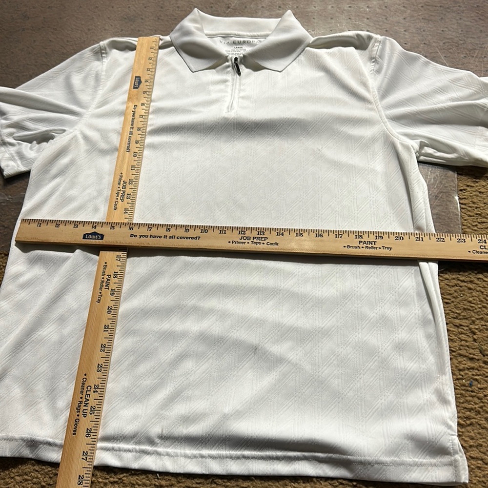 white collar quarter zip shirt. see close up flaws